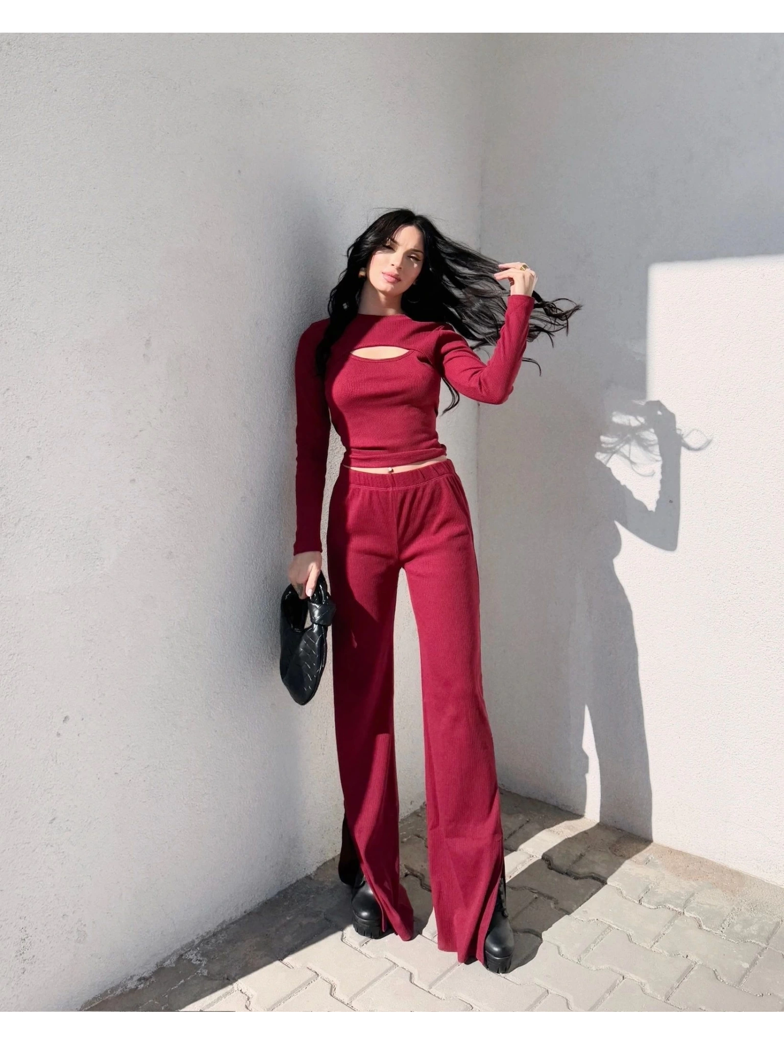 Pencereli detaylı alt üst takım bordo w3864