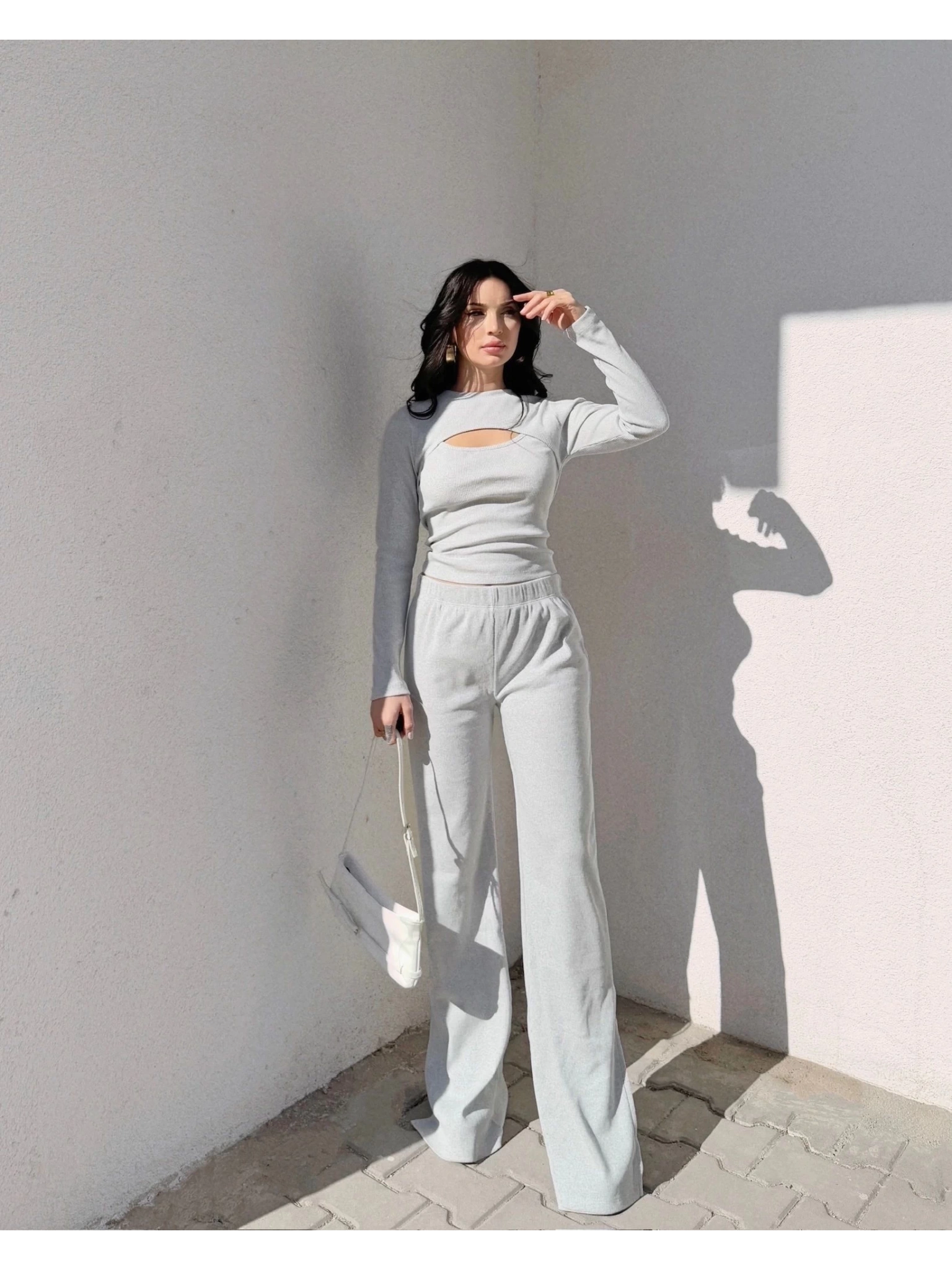 Pencereli detaylı alt üst takım gri w3864