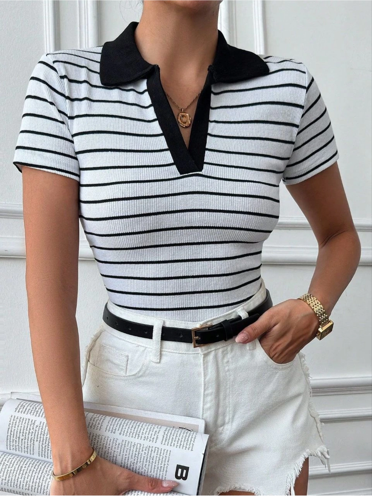 Polo yaka garnili bluz Beyazsiyah