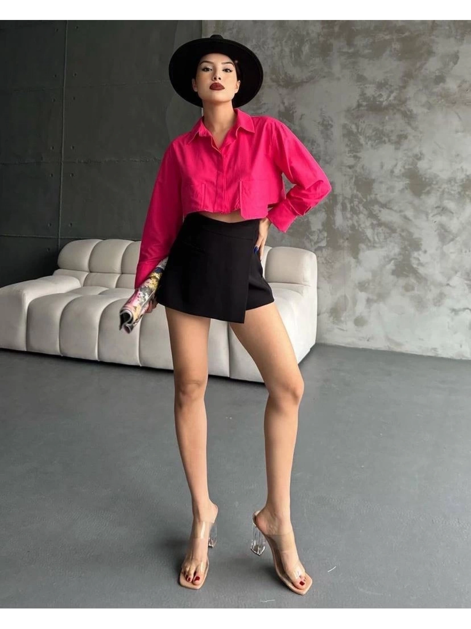 Poplin crop gömlek fuşya s3060