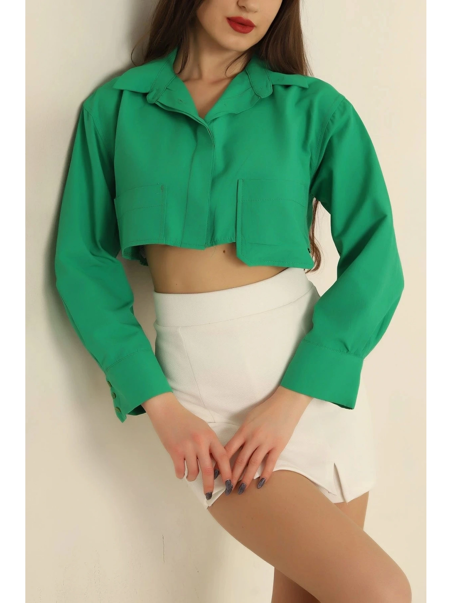 Poplin crop gömlek yeşil s3060