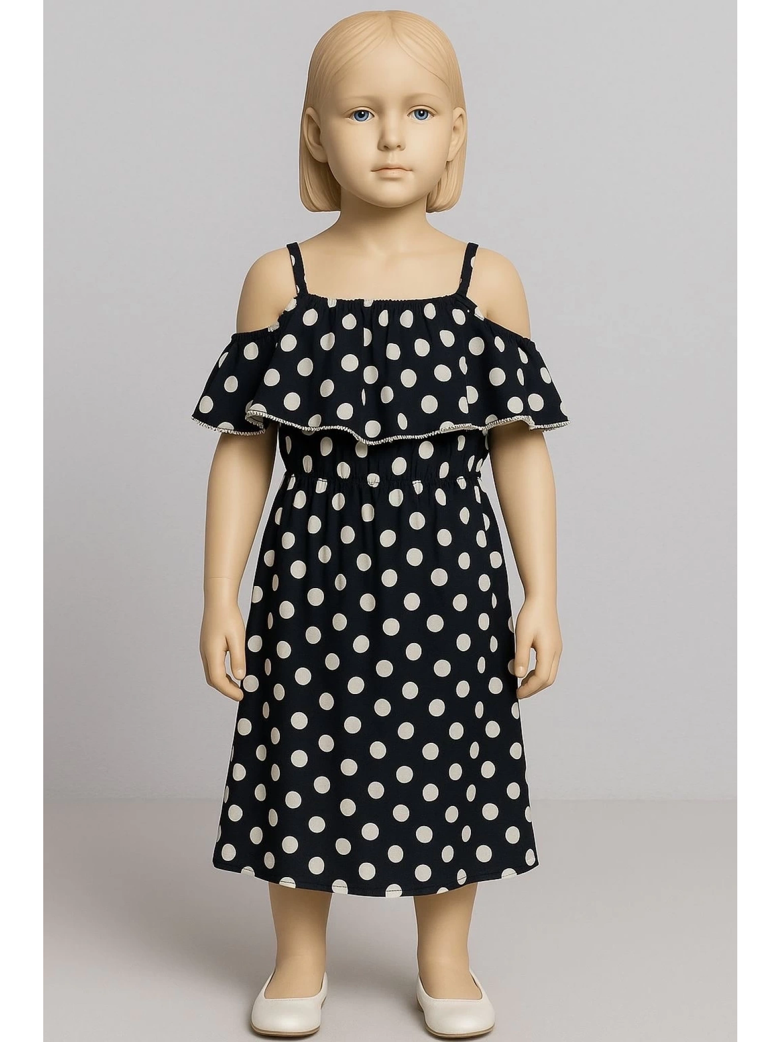 Puantiyeli askılı prenses elbise kız çocuk lacivert