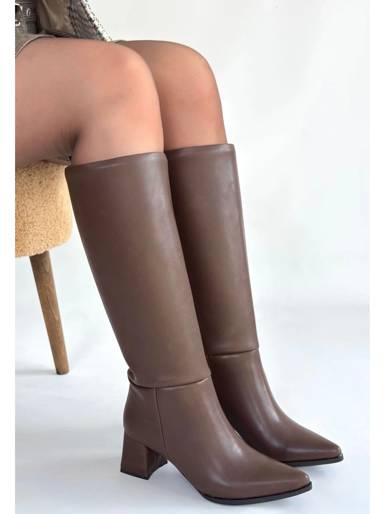 Roksa Acı Kahvei Cilt Topuklu Çizme