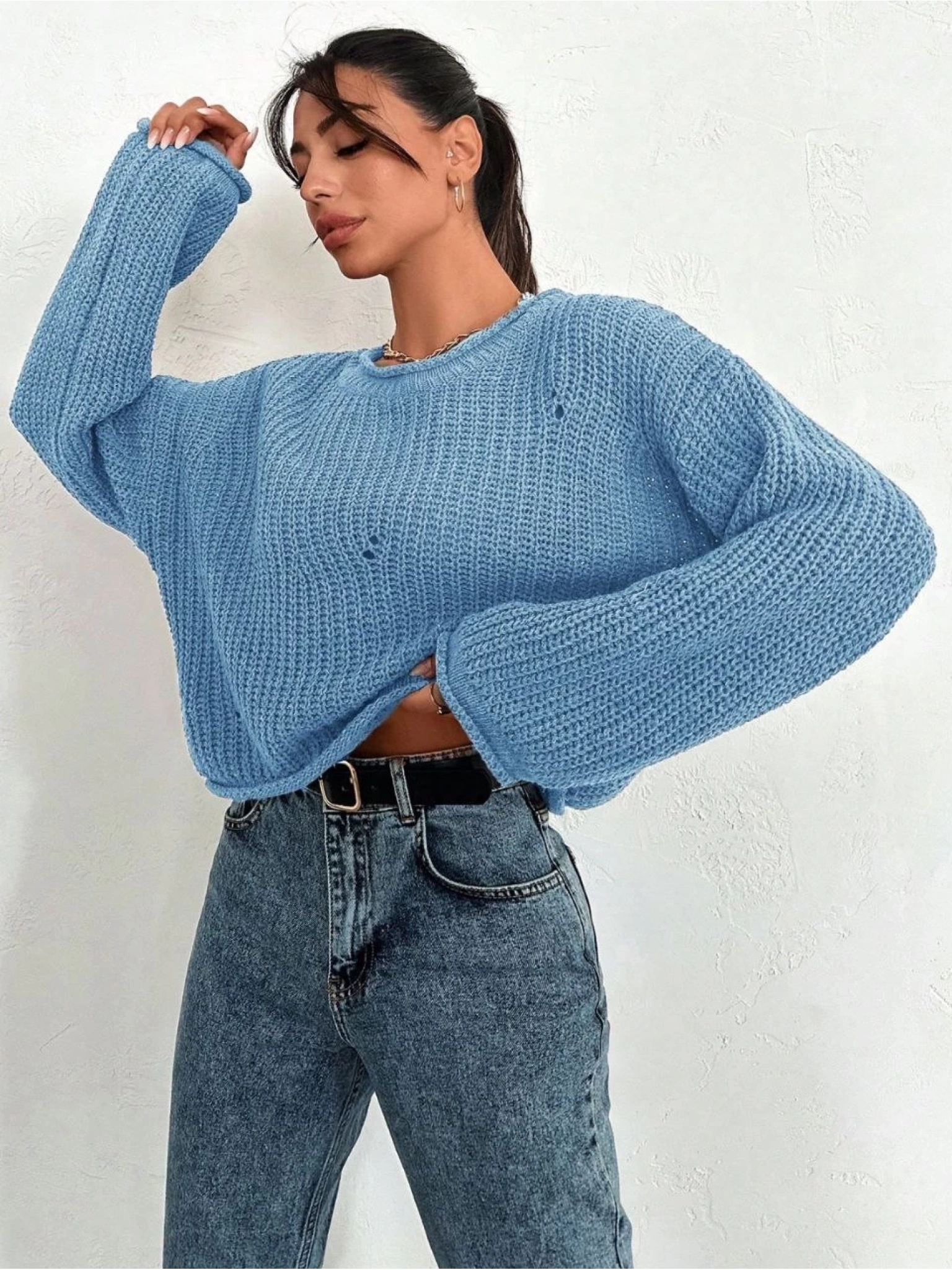 Salaş delik detaylı kazak mavi