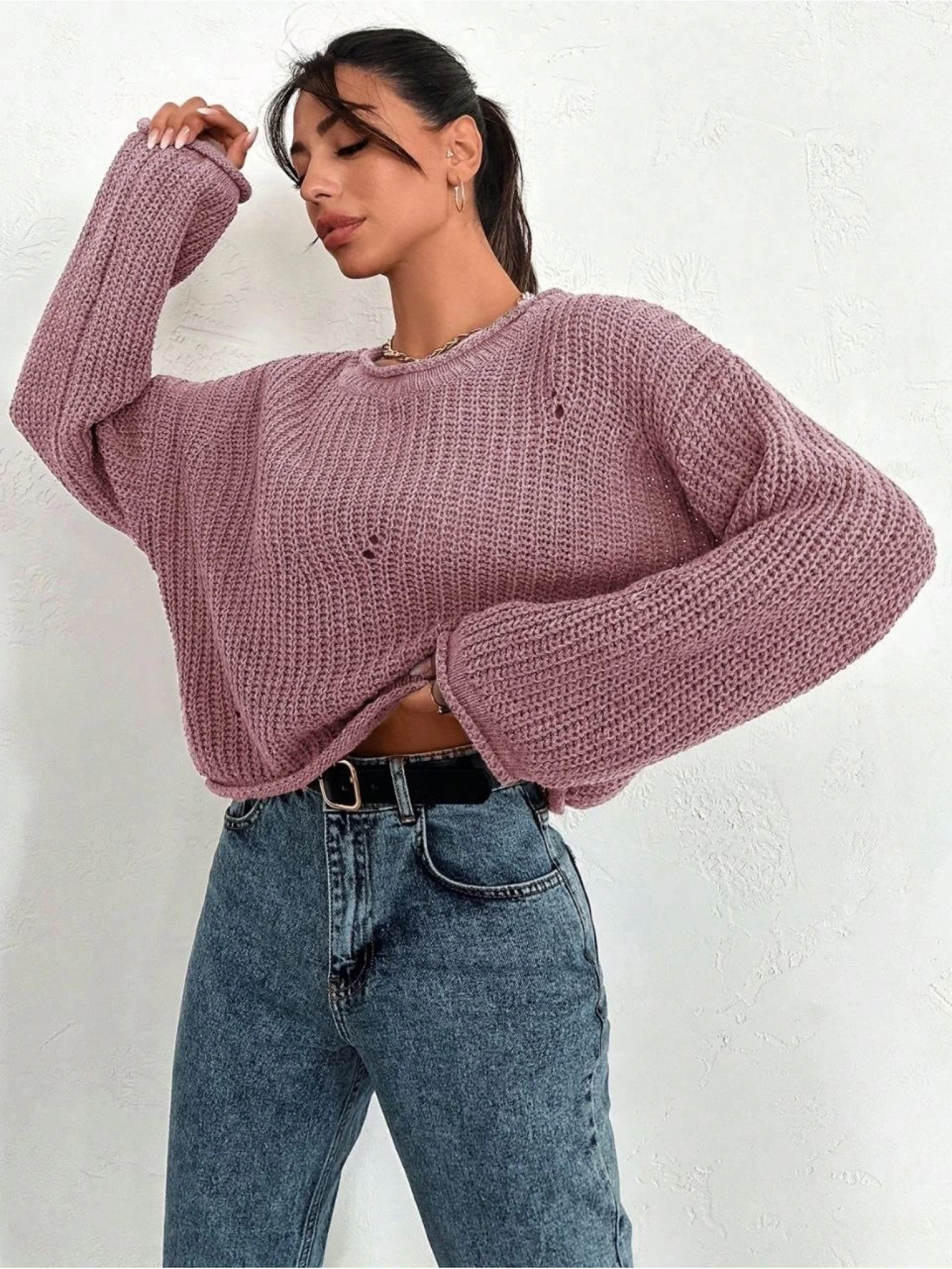 Salaş delik detaylı kazak pembe