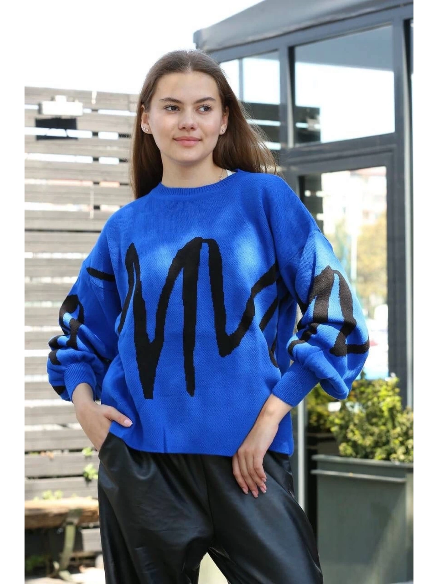 Siyah çizgili bisiklet yaka kazak Saks