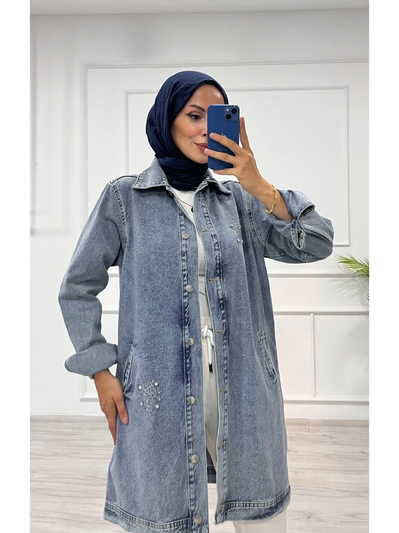 Taşlı tunik ceket kar yıkama orta mavi d2516