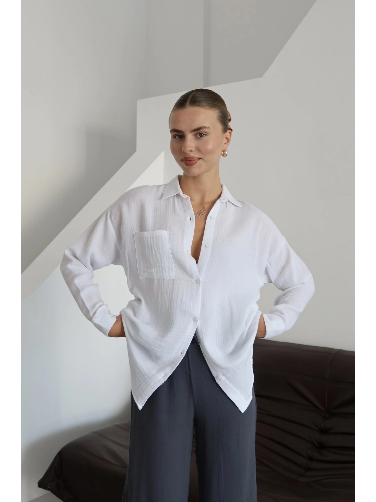 Tek cepli müslin gömlek beyaz pt