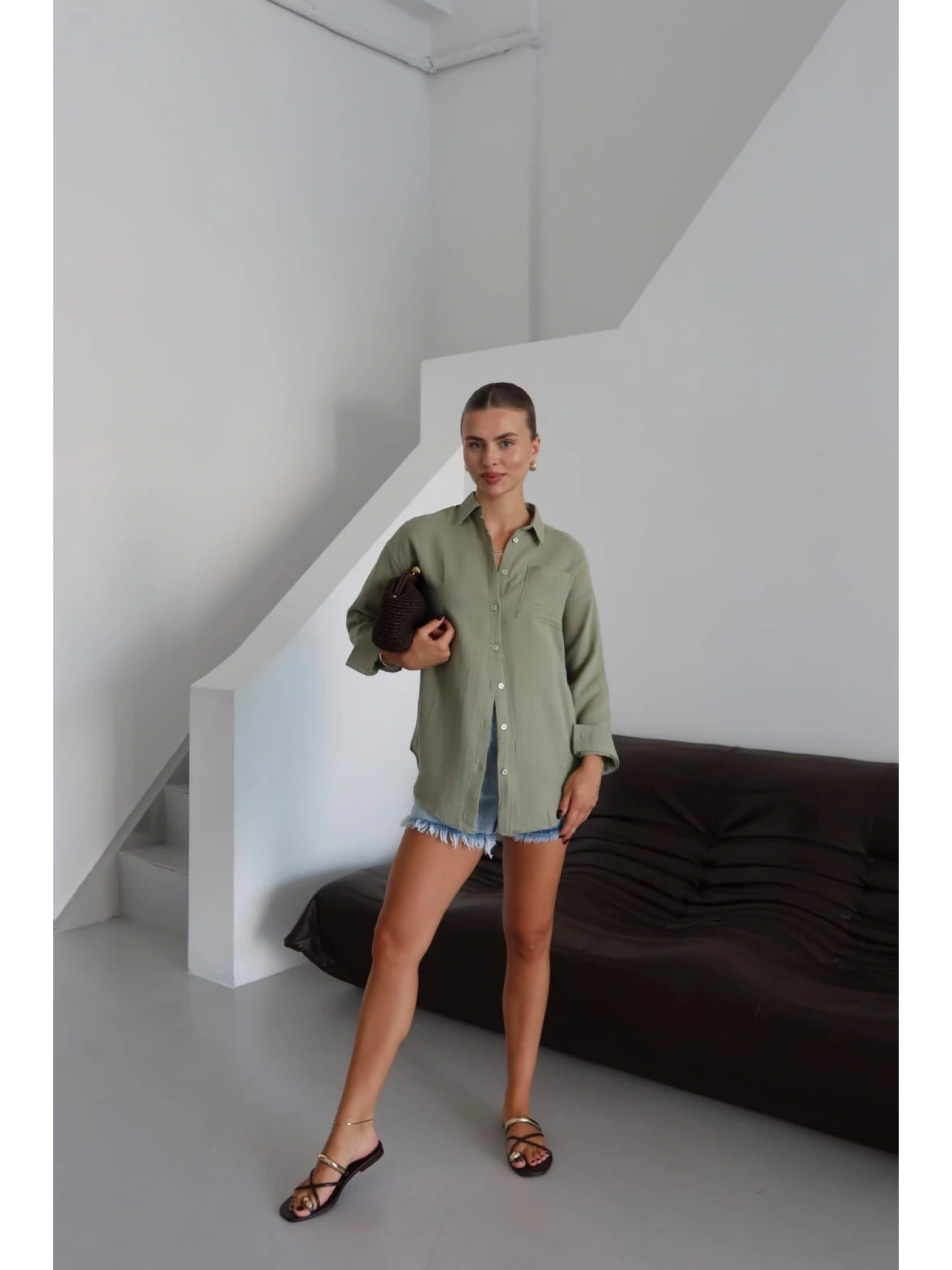 Tek cepli müslin gömlek haki pt