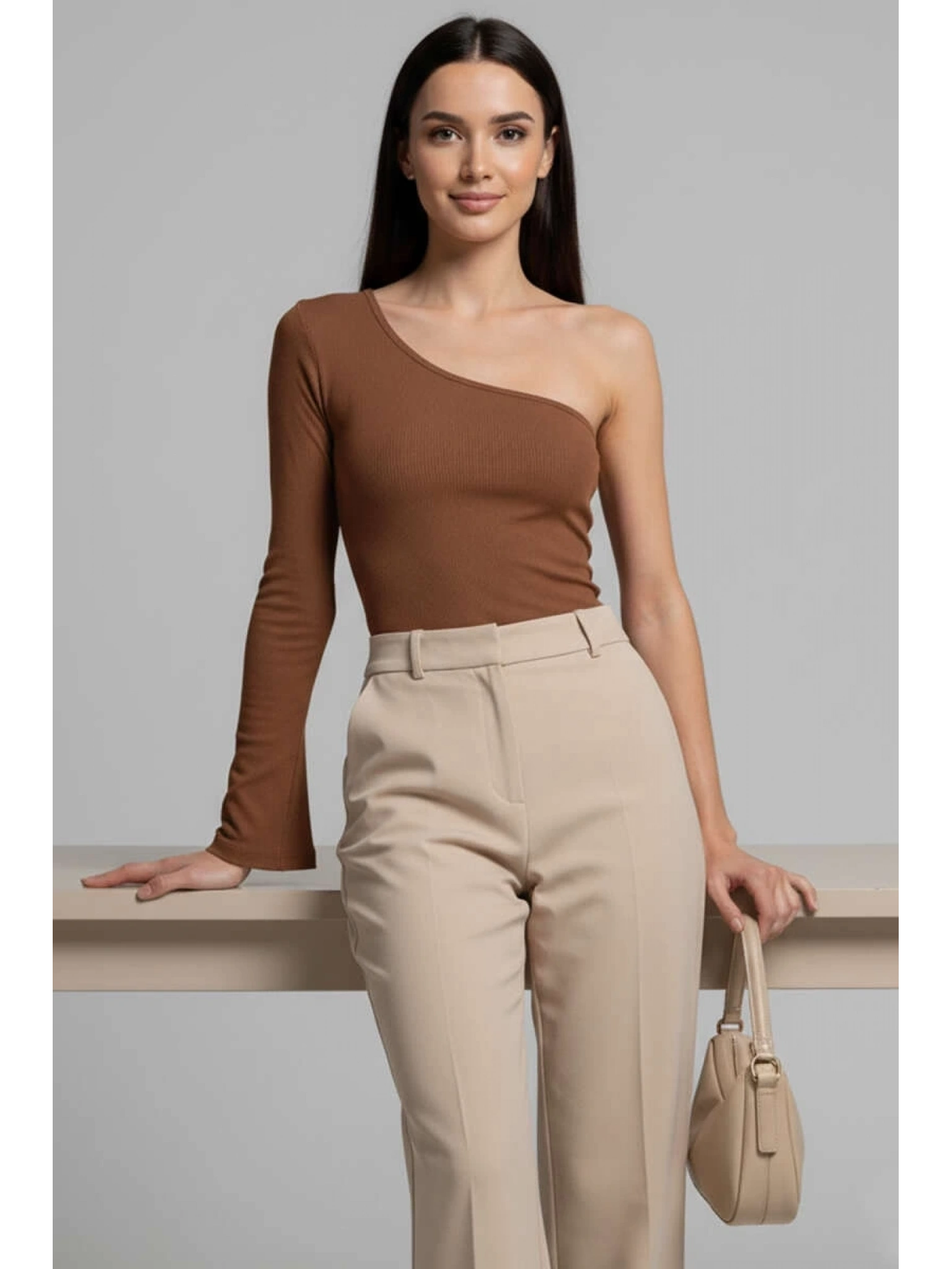 Tek Omuzlu Basic Bluz kahve T4275