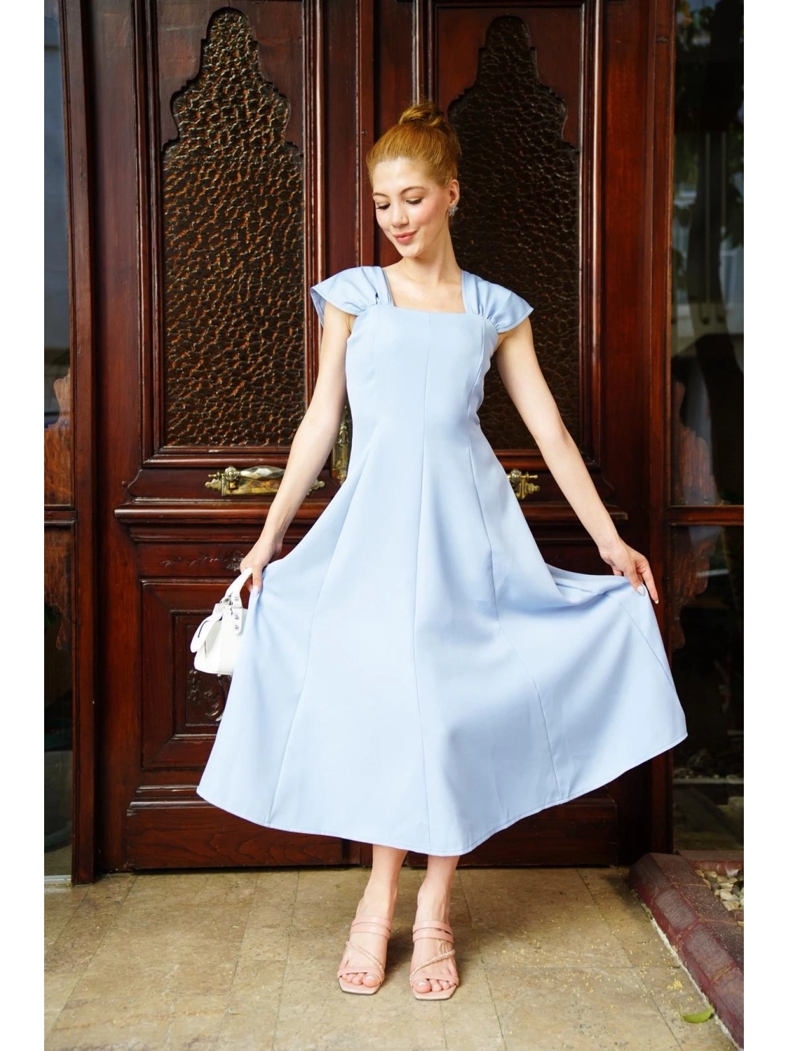 U yaka prenses elbise mavi s255101