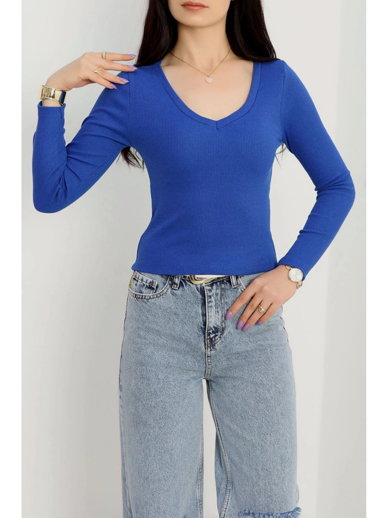 V yaka kaşkorse bluz saks mavisi a3699