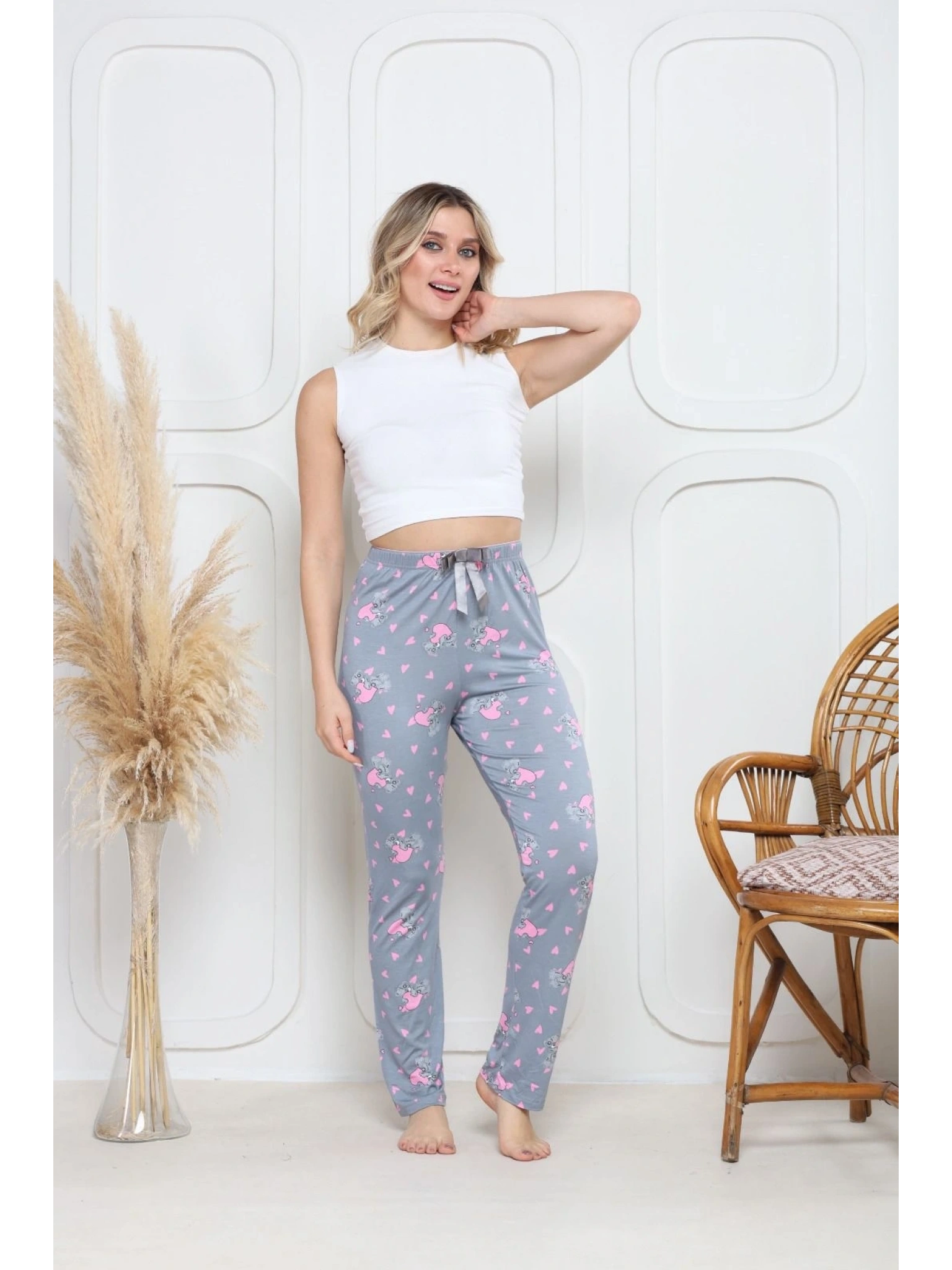 Viskon likralı alt pijama gri üzerine pembe kelebek baskı desenli q6018