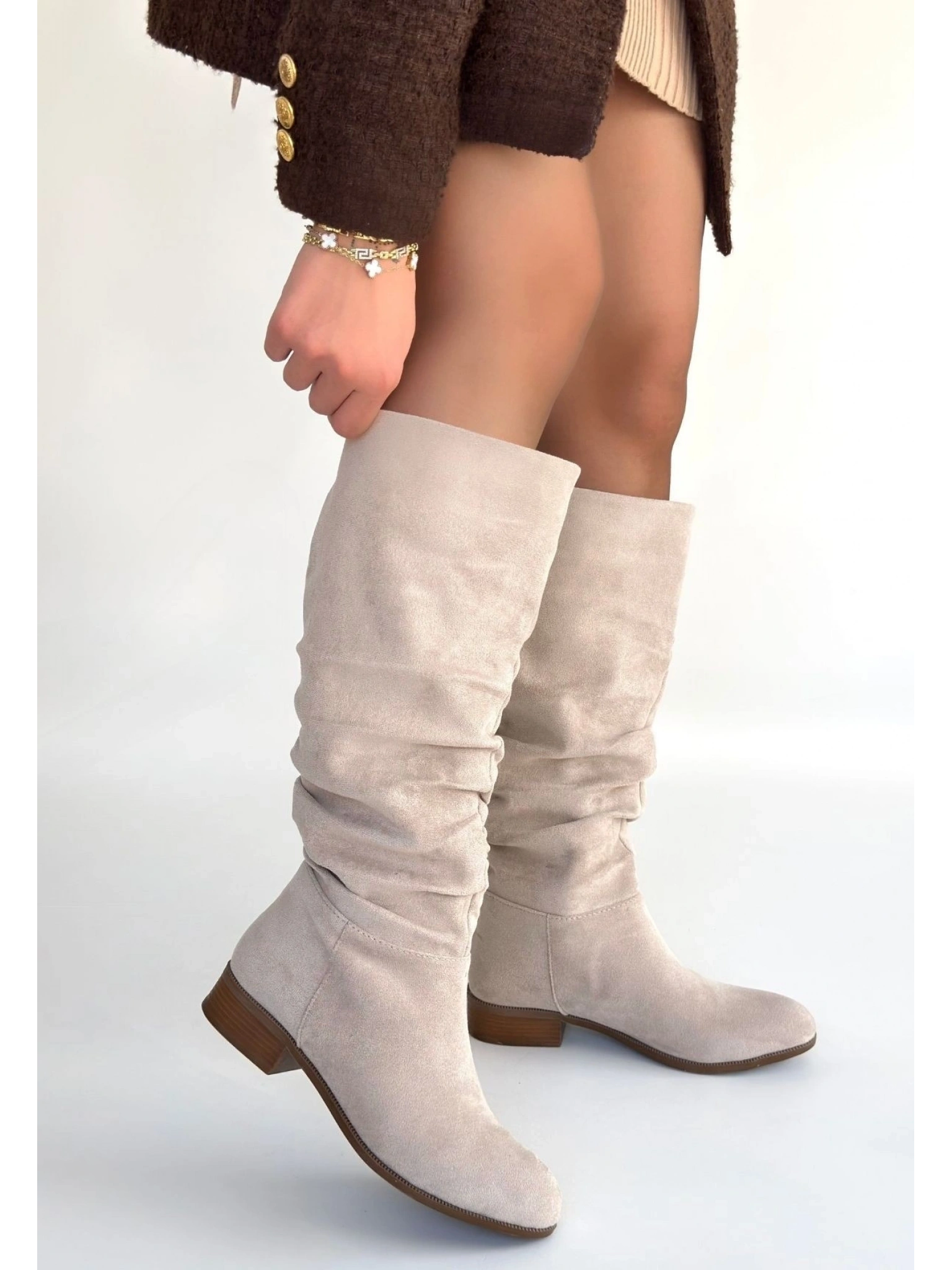 Winda Bej Süet Körüklü Topuklu Çizme