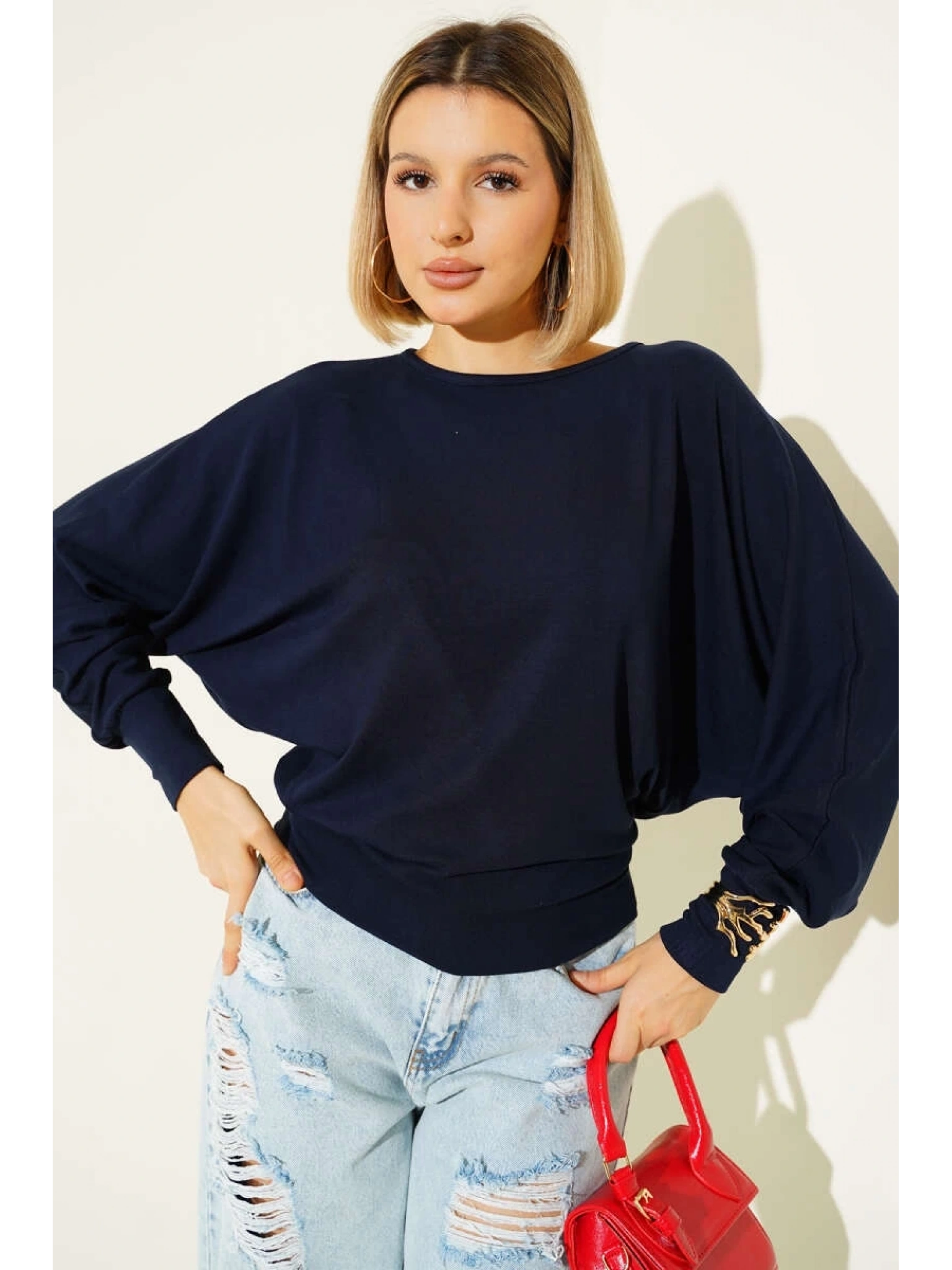 Yarasa Kol Salaş Bluz Lacivert T4273