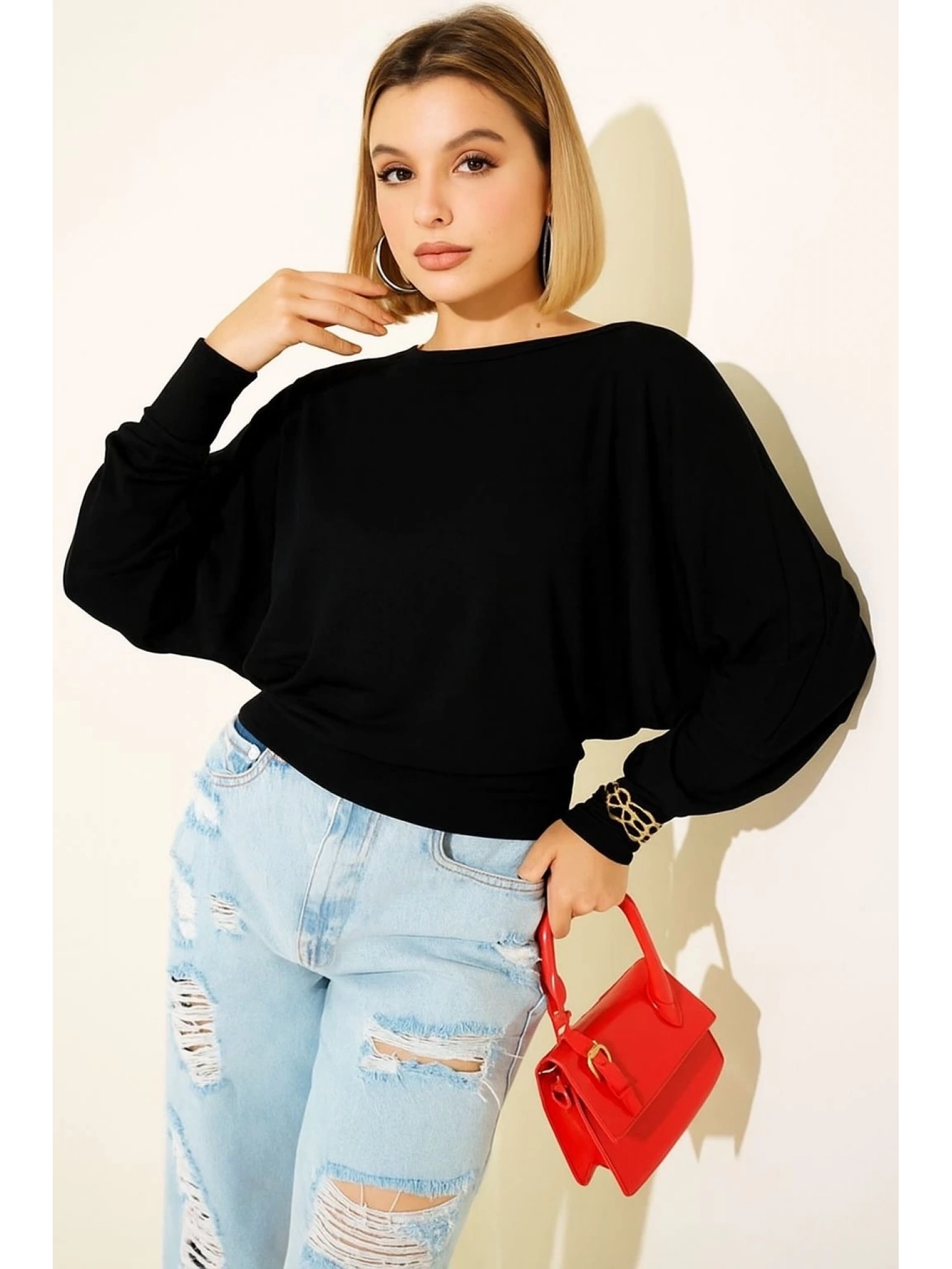 Yarasa Kol Salaş Bluz siyah T4273