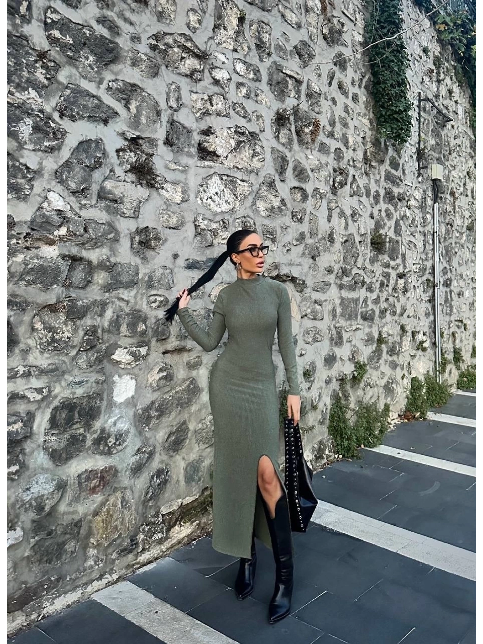 Yırtmaçlı kalın bürümcük uzun elbise Yeşil