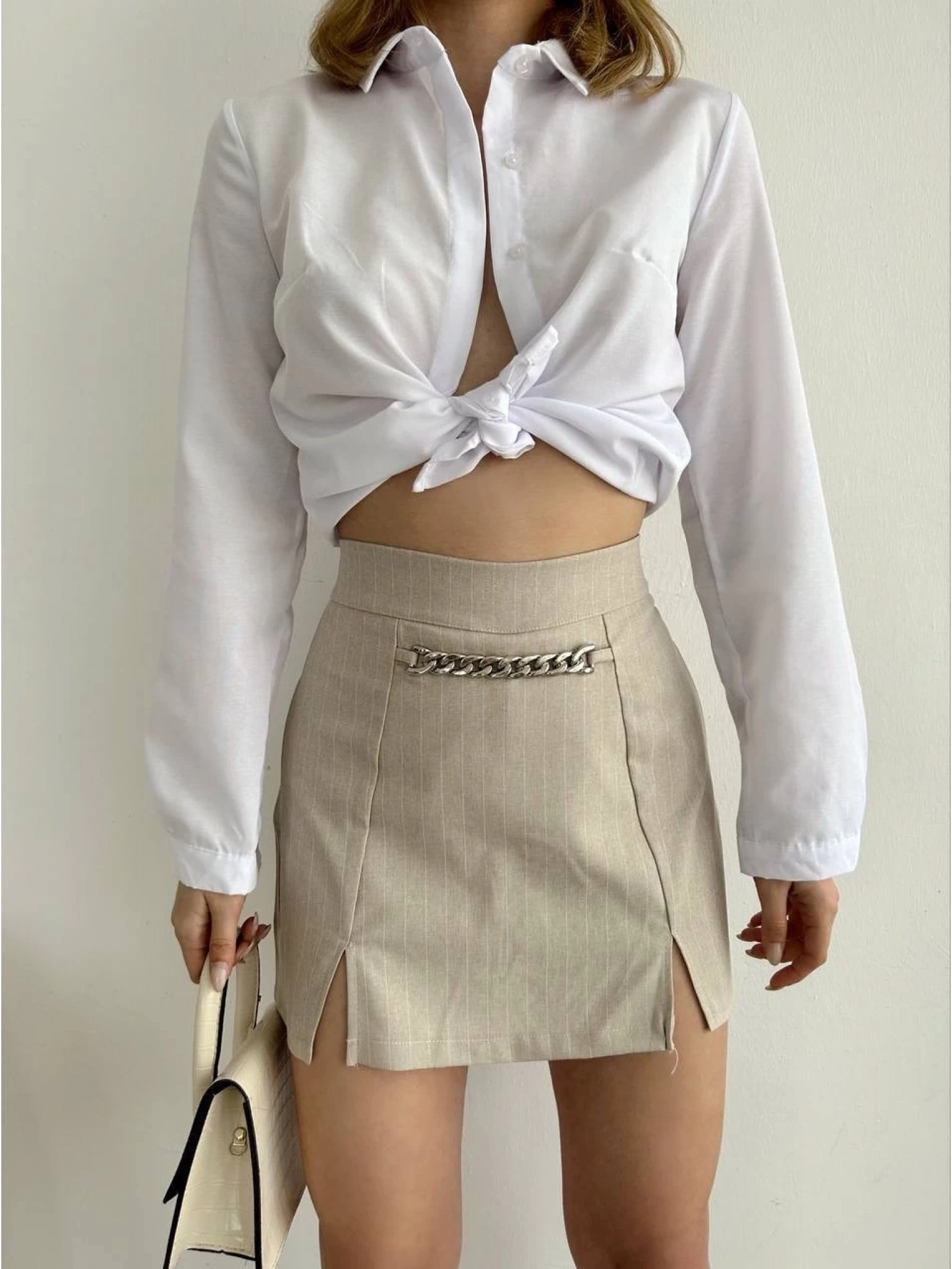 Zincir detaylı çizgili şort etek