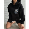 3 iplik şardonlu oversize kafa baskılı sweat siyah