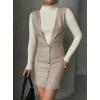 Deri jile elbise bej w24796