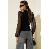 Dik yaka tül kollu bluz siyah t3066