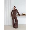 Gömlek yaka kaplama düğmeli takım kahve st265866