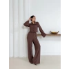 Gömlek yaka kaplama düğmeli takım kahve st265866