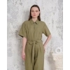 Kuşaklı gömlek yaka salaş tulum haki s255822