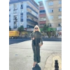 Siyah çizgi desenli elbiseli hırka triko takım haki