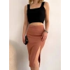 Uzun midi boy yırtmaçlı etek somon s24907