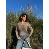 V yaka çizgili bluz bej A3699