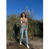 V yaka çizgili bluz bej A3699