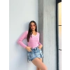 V yaka çizgili bluz pembe A3699