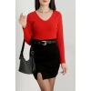 V yaka kaşkorse bluz kırmızı a3699