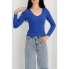 V yaka kaşkorse bluz saks mavisi a3699
