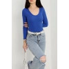 V yaka kaşkorse bluz saks mavisi a3699