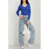 V yaka kaşkorse bluz saks mavisi a3699