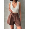 Volanlı keten şort kahve s255058