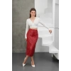 Yırtmaçlı uzun deri etek bordo