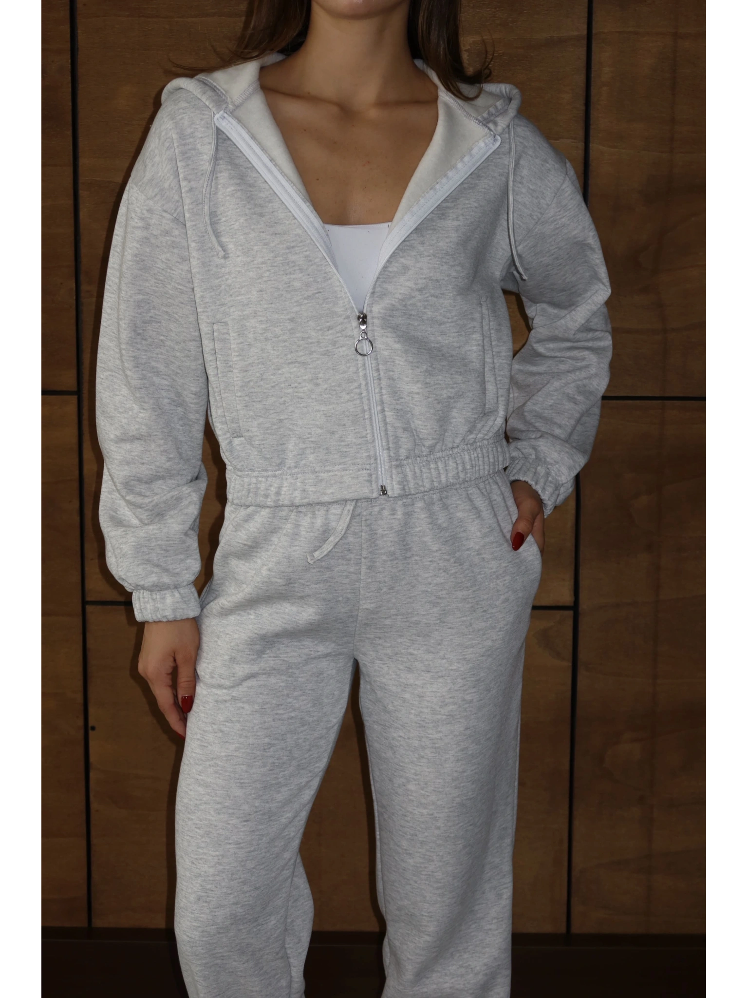 3 iplik şardonlu Kapşonlu fermuarlı kısa üst gri pat8590