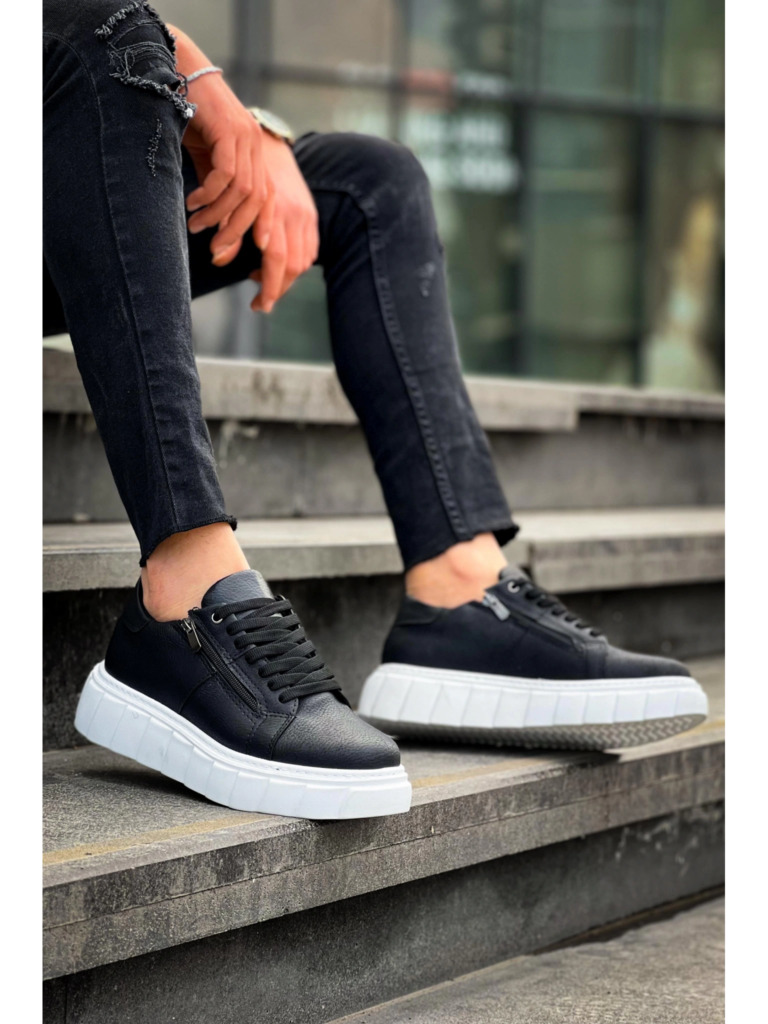 KB-X155 Kuback Siyah Cilt Detaylı Beyaz Yüksek Taban Günlük Spor Ayakkabı