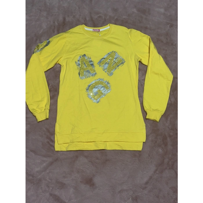 16 yaş ang baskılı tunik boy bisiklet yaka sweatshirt kız çocuk sarı