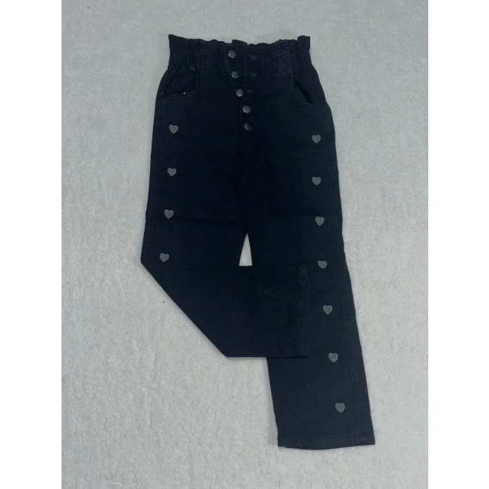 9 yaş kız çocuk beş düğmeli kalp işlemeli jeans pantolon siyah