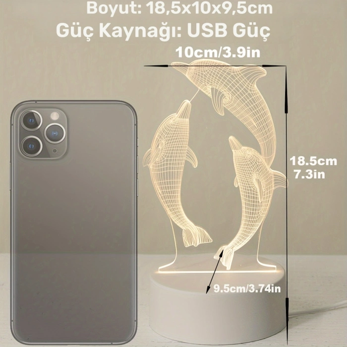 3D Yunus Balığı Tasarımlı Pleksi Gece Lambası
