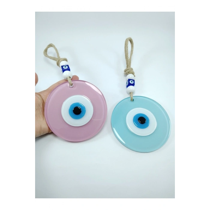 Toz Pembe Ve Cam Göbeği Renkli Cam Nazar Boncuğu El Yapımı Ikili Set Duvar Dekoru Hediyelik Eşya