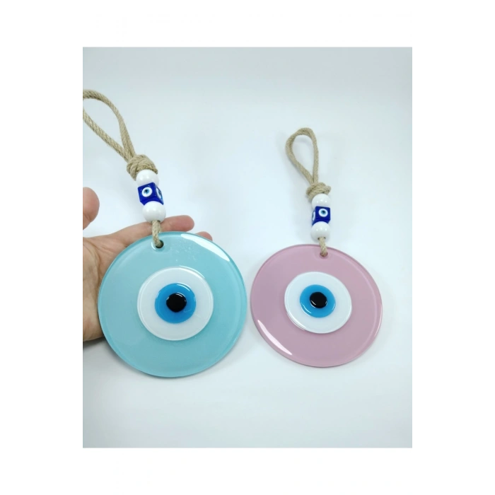 Toz Pembe Ve Cam Göbeği Renkli Cam Nazar Boncuğu El Yapımı Ikili Set Duvar Dekoru Hediyelik Eşya