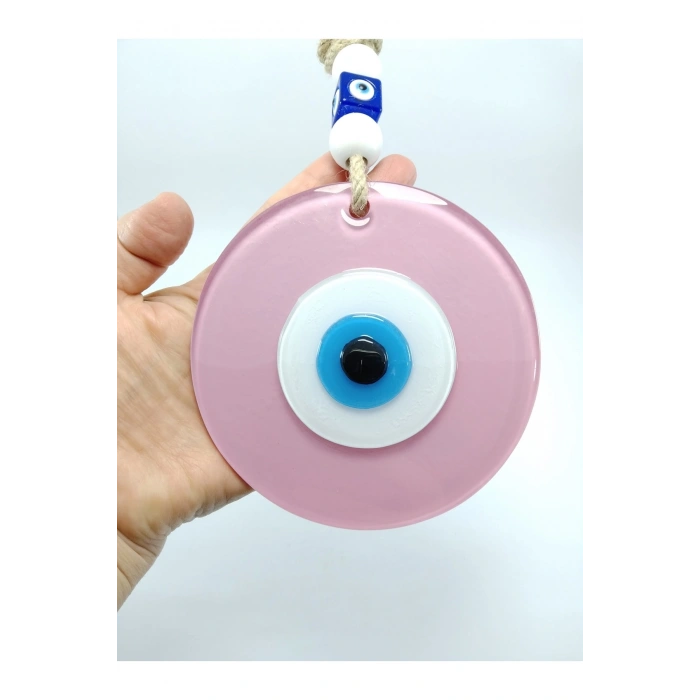 Toz Pembe Ve Cam Göbeği Renkli Cam Nazar Boncuğu El Yapımı Ikili Set Duvar Dekoru Hediyelik Eşya