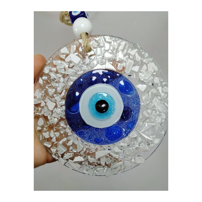 Beyaz Kırıntılı Cam Nazar Boncuğu El Yapımı Duvar Dekoru 13 Cm