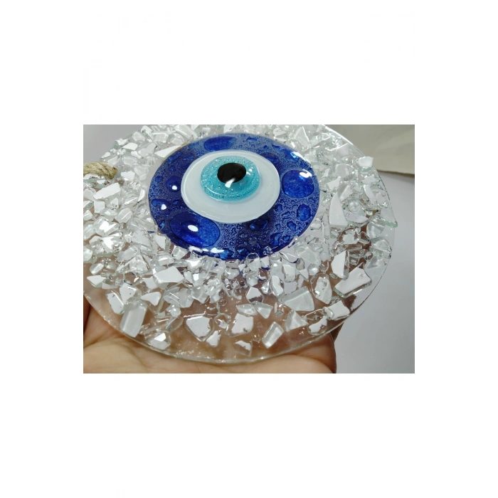 Beyaz Kırıntılı Cam Nazar Boncuğu El Yapımı Duvar Dekoru 13 Cm