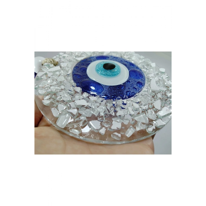 Beyaz Kırıntılı Cam Nazar Boncuğu El Yapımı Duvar Dekoru 13 Cm
